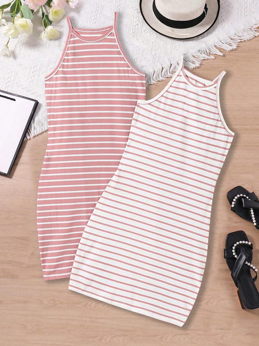 SHEIN Sparklyn Tween Girl' 条纹休闲无袖连衣裙套装 - 粉色 - 查看 1
