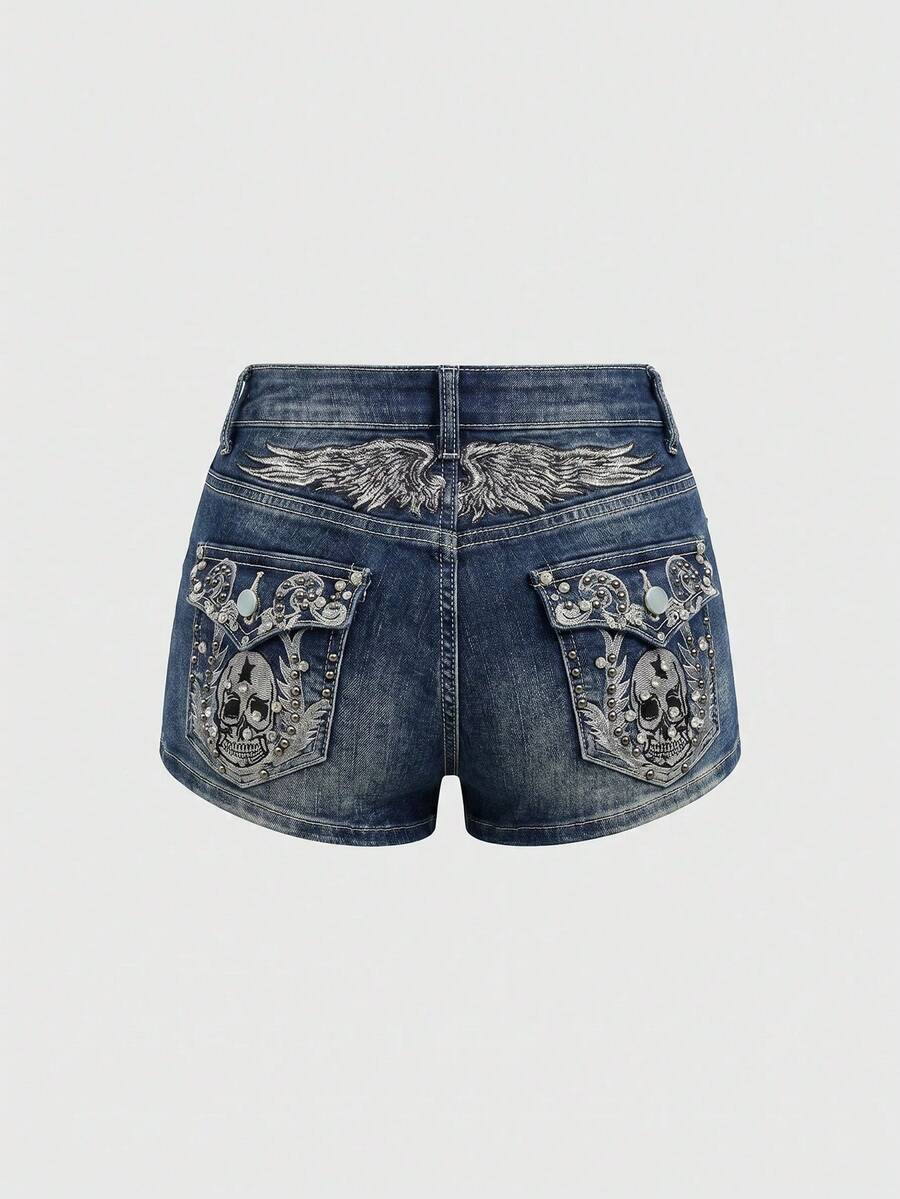 ROMWE Avant Women's Y2K Retro Wing Skull Embroidered Ultra Short Denim Shorts - Blue - View 1
