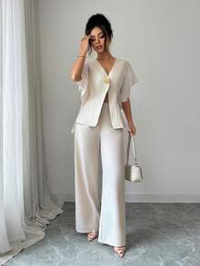 Selianne Summer French Elegant Exquisite V-Neck Casual Commute Chiffon Ruffle Sleeve Exaggerated Metal Button Decor Jacket And Long Pants 2pcs Set Office White - Apricot - View 7