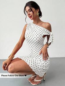 Firerie Damen Sommer Neu Klassisch Retro Polka Dot Asymmetrisches Off-Shoulder Sexy Elegantes Urlaubs Mini Kleid, Mesh Polka Dot Kleid, Asymmetrisches Ausschnitt Kleid, Frühling/Sommer Kleidung, Strandmode, Elegant, Sexy, Urlaub, Strand, Hawaiianisch, Dating, Party, Musikfestival, Abschlussball Kleid, Ballkleid/Braunes Kleid - Weiss - Übersicht 3
