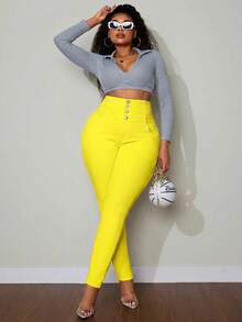 SHEIN SXY Plus Size Solid Color High Waist Slim Fit Jeans - Yellow - View 2