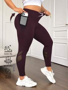 Rhythm Era Mesh Patchwork High Waist Tummy Control Butt Lifting Leggings With Mesh Side Pockets - Burgundy - View 7