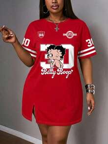 Slaydiva Betty Boop x SHEIN 大尺碼夏季休閒簡約卡通數字印花洋裝，適合騎行、半正式場合、辦公室、早午餐、居家與度假，紅白配色 - 彩色 - 查看 4