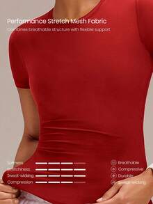 GLOWMODE Stretch Mesh AirFlex Fitted Compression Breathable Hip-Length Stay-Put Contrasting Back Logo Short Sleeve Tee Training Running Workout Gym Fitness Wear - Fiery Red - View 5
