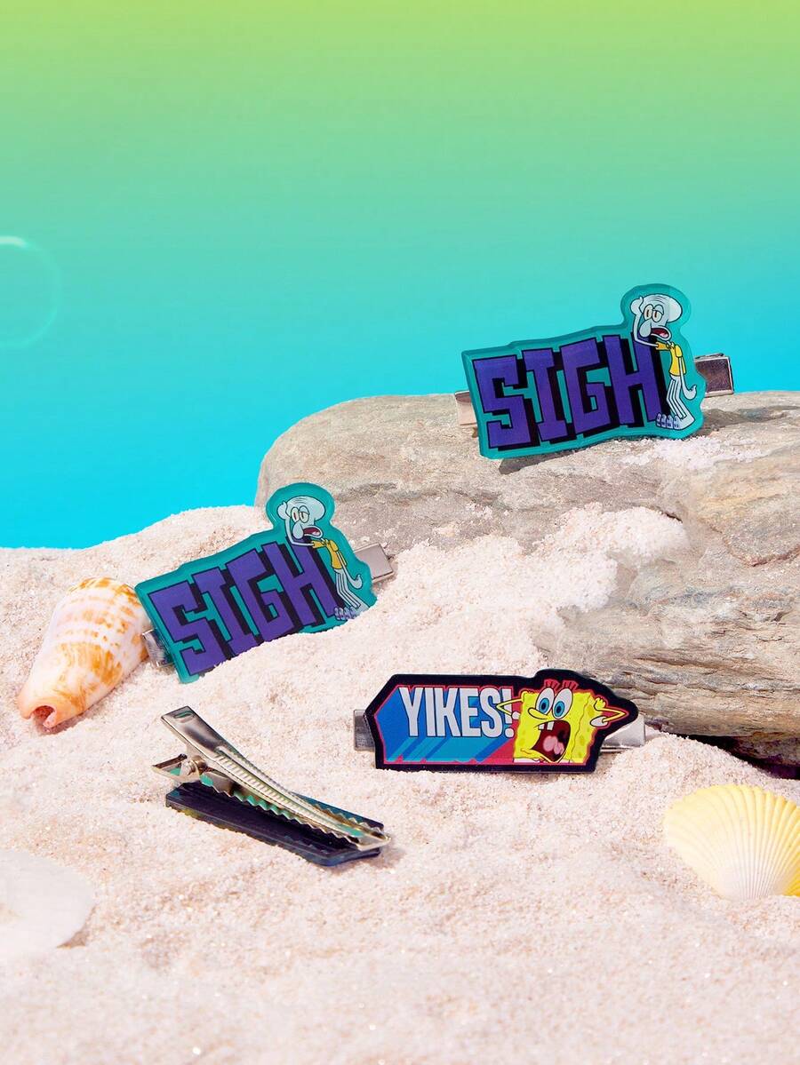 SpongeBob SquarePants | SHEIN 4Pcs SpongeBob Contrast Cartoon Hairpin - Multicolor - View 1