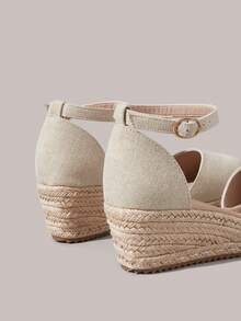 Styleloop 女士坡跟厚底鞋 春夏新款 增高显瘦 包头低帮设计 圆头 5.5cm坡跟 舒适高跟 亚麻材质 纯色 女士鞋 日常通勤 购物 约会必备 - 杏色 - 查看 5