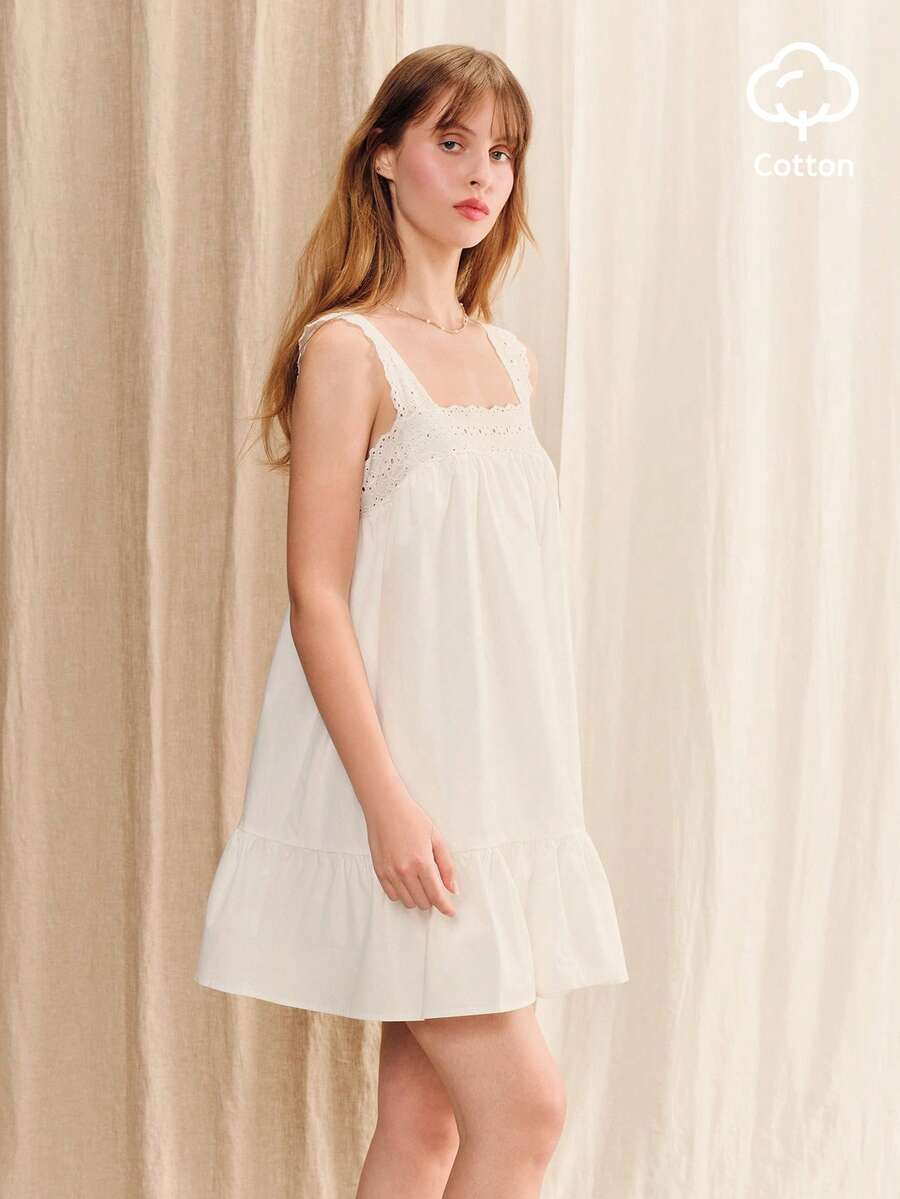 lacRébo Weißes Baumwoll-Smockkleid mit bestickter Brust und Träger-Detail, Boho Frühlings-/Sommerkleid im französischen Stil, lässiges Urlaubskleid, Weißes Baumwollkleid - Beige - Übersicht 1