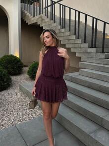Katetique Women's Purple-Red Halter Neck Ruffle Hem Mini Dress, Purple-Red Dress Party - Purple - View 1