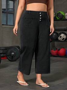 Flexra Plus Size Women's Button Design Pocket Loose Wide Leg Jeans Formal Fashion Week Black Summer Casual Decent - Dark Grey - View 5