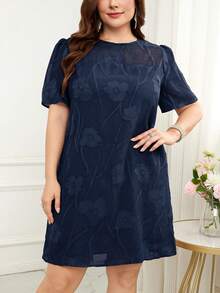 Reflora Plus Size Women's Jacquard Round Neck Short Puff Sleeve Elegant Dress - Navy Blue - View 8
