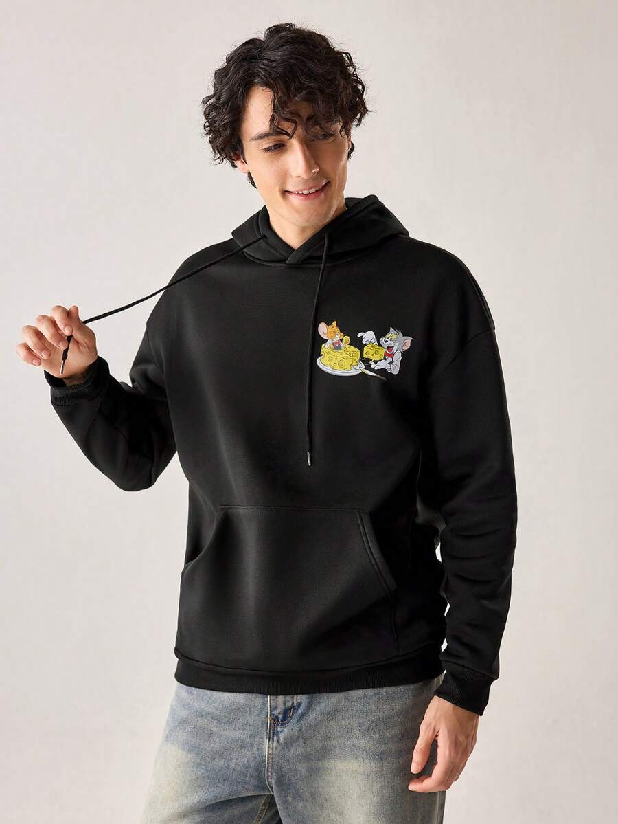 Strevion TOM & JERRY 男士休闲百搭简约汤姆和杰瑞元素印花连帽卫衣,秋冬款 - 黑色 - 查看 1
