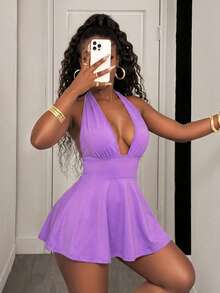 Mistrie Black Tight-Fitting Romper With Deep V-Neck, Backless Strap, Holiday Summer - Purple - View 3