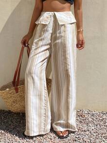 DAZY Women's Folded Waist White Loose Wide Leg Long Pants Beach Autumn Boho Casual Vacation - Khaki - View 4