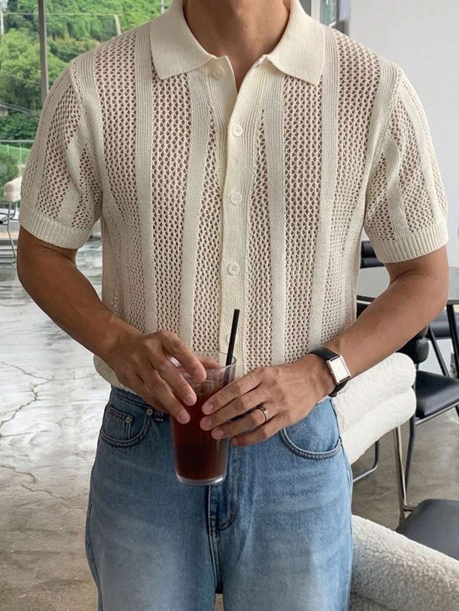 DAZY Summer Half-Button Mesh Apricot Knit Top For Men - Beige - View 1