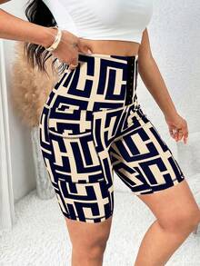 SHEIN Lady Women's Beige Navy Blue Geometric Print High Waist Button Up Tailored Shorts Elegant Sexy Casual Office Gym Workout Work Going Out Party Summer - Navy Blue - View 5