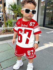 SHEIN طقم تي شيرت وشورت كاجوال بسيط بطبعة أرقام للأطفال الصبيان مناسب للصيف - متعدد الألوان - مشاهدة 1