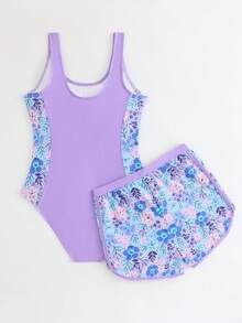 SHEIN 青少年女孩 2 件組泳裝套裝，字母塗鴉印花隨機拼接式一件式泳衣與運動風男孩短褲，時尚休閒優雅華麗淑女風，適合游泳、度假、夏季 - 淡紫色 - 查看 2