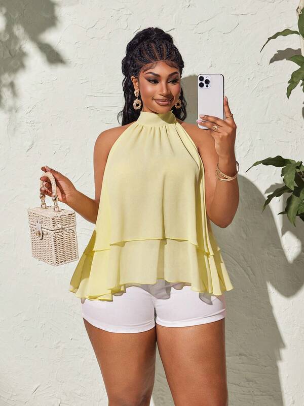 Maweii Pale Yellow Chiffon Halter Neck Top, Pure Desire Style Backless Tie-Up Double Layer Ruffle Sleeveless Doll Blouse, Vacation Style, Date Outfit, Summer New Arrival, Fresh And Sweet