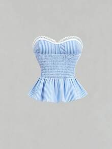 Sweetra Women's Lace Patchwork Blue And White Stripe Bandeau Top And Straight Leg Pants Two Pieces Set Vacation Summer Elegant - Blue - View 4