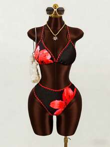 Swim Vcay Plus Size Women's Simple Daily Summer Floral Print Halter Bikini Set Set - Multicolor - View 4