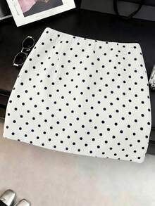 SHEIN Franclia Korean Style Girl Vibe Low Waist A-Line Fashionable Slimming Polka Dot Print Zipper Women's Skirt, Vacation, Outing, Y2K, Spring, Summer, Back To School Season, Casual, Beach, Business, Versatile, Women's Grey Skirt, Women's Polka Dot Bottoms - Black and White - View 2