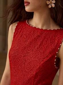 MOTF PREMIUM GAUN WANITA ELEGAN BERBAHAN RENDA DAN MANIK-MANIK MUTIARA TIRUAN - Merah - View 3