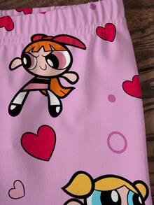 THE POWERPUFF GIRLS X SHEIN Young Girl Cartoon Print Round Neck Short Sleeve T-Shirt And Shorts Set - White - View 4