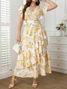 Reflora Plus Size Women's Vacation Floral Print Ruffle Short Sleeve Elegant Multi-Layered Ruffle Hem Dress All White Summer Party Wedding Guest - Yellow - View 4