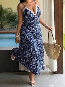 Sunnyshic Plus Size Women's Navy Blue Ditsy Floral Maxi Dress With White Lace Trim, 3D Flower Decor, V-Neck, Spaghetti Straps, Backless, Cinched Waist, A-Line - Navy Blue - View 3