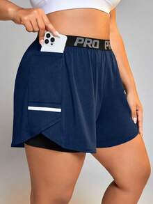SHEIN Rhythm Era Women's Letter Waistband Pocket Double Layer Sports Shorts - Royal Blue - View 3