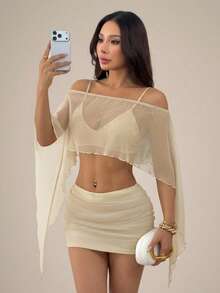 SHEIN PETITE 新款性感派对金色亮片透视不对称露肩宽松不对称下摆上衣搭配低腰褶皱迷你裙套装，波西米亚风，度假风，复古风，假日风，海滩风，邮轮风 - 金色 - 查看 3