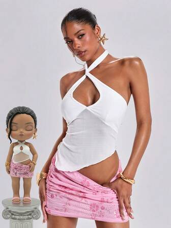 Y2K Sexy romantisches weißes asymmetrisches Neckholder-Top mit Hohlsaum und Rückenbindung für den Sommerurlaub