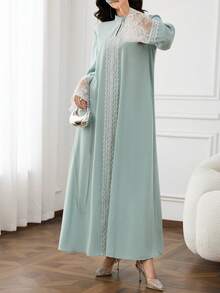 Al Najma Women's Contrast Lace Stand Collar Long Sleeve Elegant Arabian Dress - Green - View 5