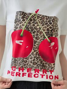 Yasmeen Edit Yasmeen Edit Leopard Print Cherry Graphic Round Neck Casual Short Sleeve T-Shirt For Women White Summer - White - View 4
