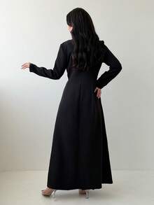 Yasmeen Edit Yasmeen Edit 1pc Women's 3D Flower Decor Abaya With Single Button, Elegant Maxi Full Length Modest Long Sleeve Abayas, Robe Black - Black - View 3