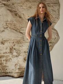 MOTF PREMIUM SPRING/SUMMER WOMEN'S CASUAL COMMUTER FRONT BUTTON DENIM DRESS - Medium Wash - View 5