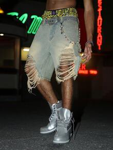 STEELVANCE Shorts vaqueros de hombre con efecto desgastado y cremallera - Lavado ligero - Ver 6