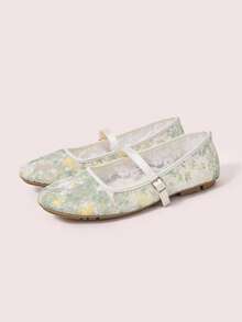CUCCOO DOLLMOD Women's Shoes, Cute Round Toe Light Green, Flower Butterfly Embroidered Mesh Upper, Metal Buckle Strap Flats, Mary Jane - Lilac - Green - View 2