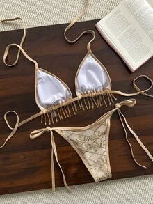 Costavie Swim Bonvoyette 2件組 春夏海灘度假亮片紋理面料金色閃亮水晶流蘇掛脖三角比基尼上衣與側綁比基尼褲性感比基尼套裝 - 金色 - 查看 2