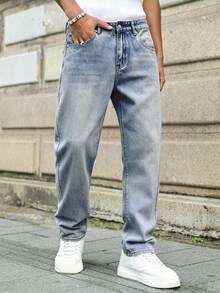 EGENSIO Celana Jeans Kasual Pria Model Washed untuk Komuter, Warna Biru Muda, Musim Gugur - Light Wash - View 4