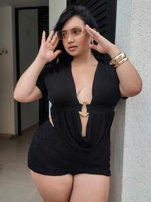 Hourglow Plus Size Women Deep Draped Neck Ruched Metal Decor Casual Elastic Short Sleeve T-Shirt Modest, Elegant Summer, For Hourglass Body Shape - Black - View 5