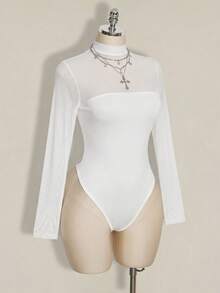 SHEIN ICON Plus Size Mesh Patchwork Y2K Sexy Bodysuit - White - View 3