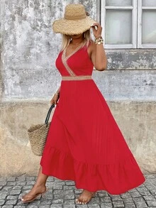 Breezaya Đầm nữ size lớn cổ chữ V phối màu phong cách casual đi tiệc - Đỏ - Xem 5