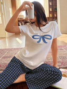 Napfluff 可愛蝴蝶結刺繡上衣與格紋長褲女款睡衣套裝 - 藏蓝色 - 查看 4