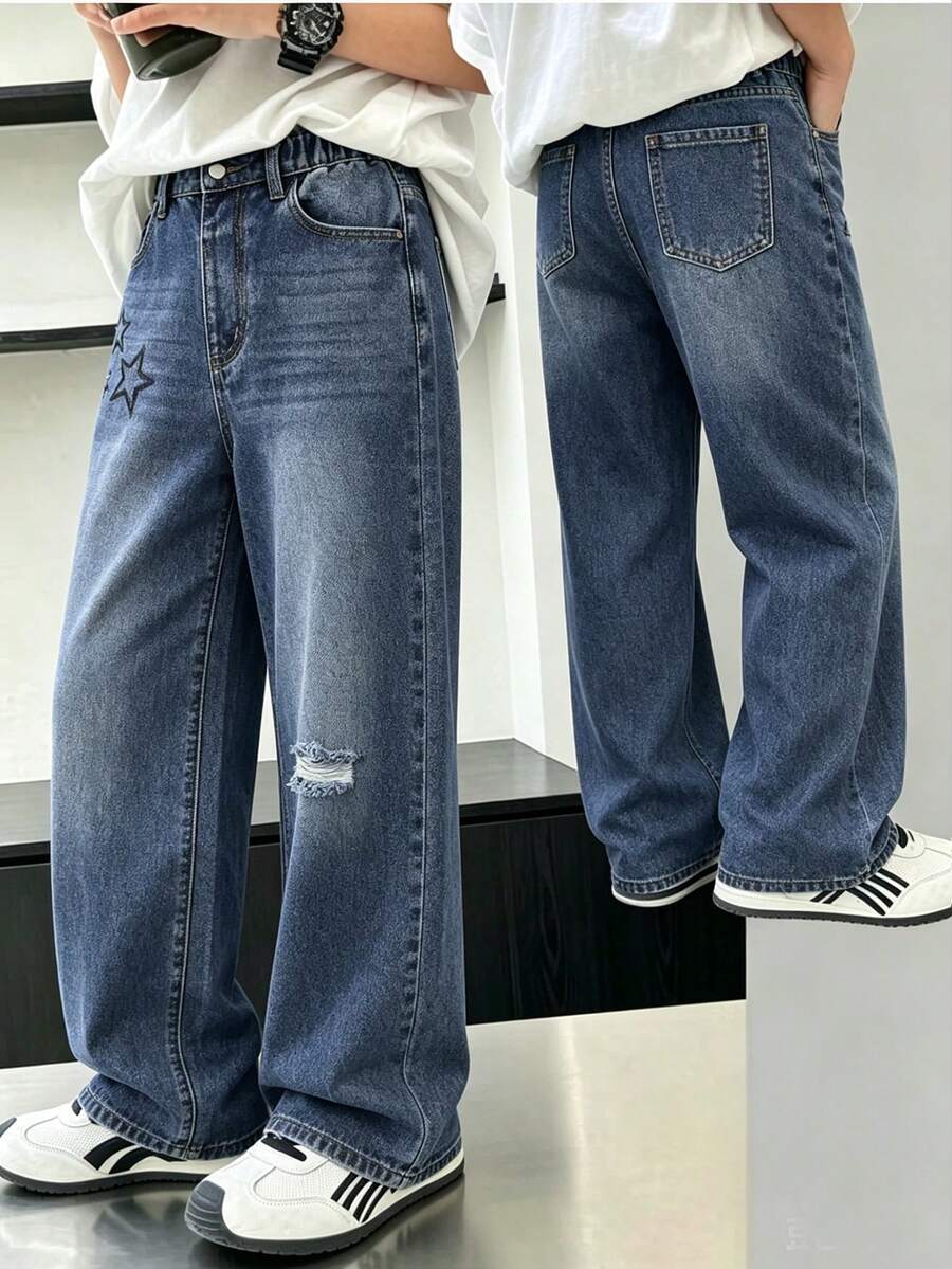 SHEIN 青少年男童复古基础款休闲宽松直筒牛仔裤