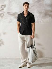 Airaco Men's Summer Holiday Front Button Hollow Knit Shirt - Brown - View 3