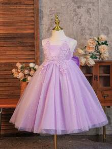 SHEIN Glamorique Kids 女童公主洋裝 網紗亮片花朵裝飾 適合婚禮、生日派對、冬季嬰兒穿著 紫色 - 紫色 - 查看 4