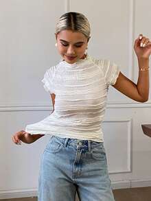 DAZY Women's Turtleneck Fitted Short Sleeve T-Shirt Y2K Cute Everyday White Summer - White - View 6