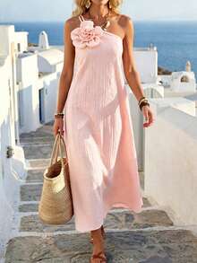 SHEIN Holidaya Women's Cream Yellow Elegant One-Shoulder 3D Flower Decor Midi Dress, Suitable For Travel, Vacation, And Dating - Baby Pink - View 5