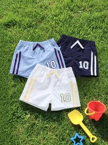Souflis Souflis 3pcs/Set Toddler Infant Baby Boys Casual Pocket Elastic Waist Shorts, Decorative Rope, Side Stripe Design, Versatile All-Match Fit, Sun Protection, Cool Touch, Suitable For Daily, School, Vacation Travel, Sports - Purple - View 8
